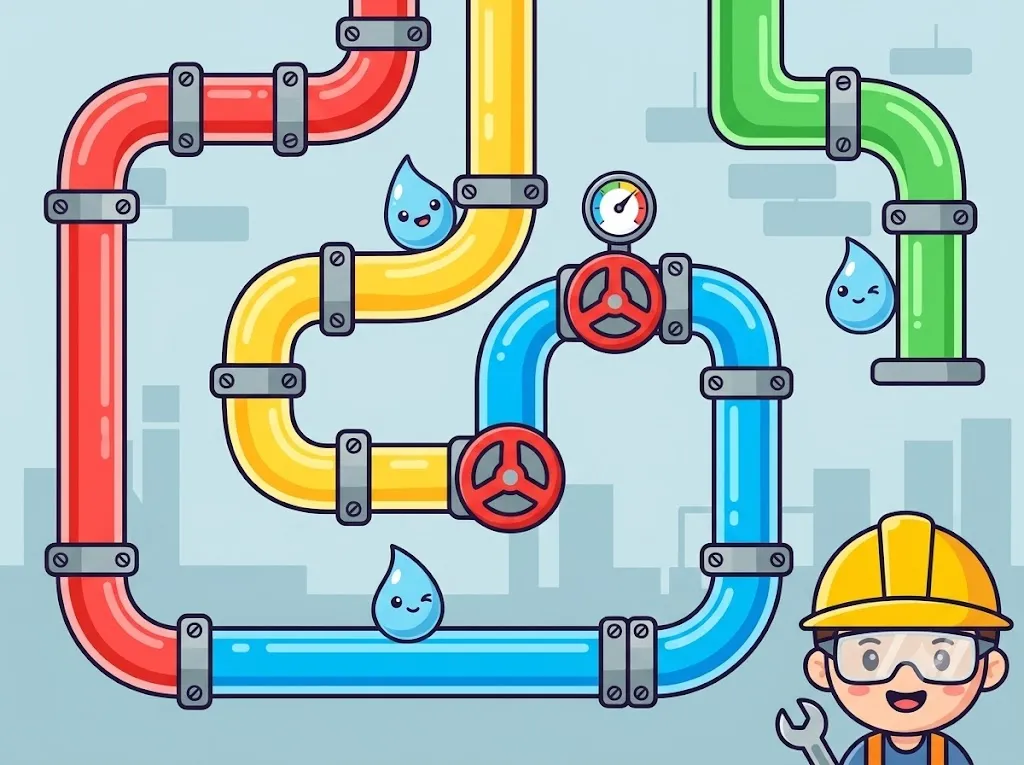 Colorful pipes, valves and smiling water drops, with a cheerful engineer in a hard hat